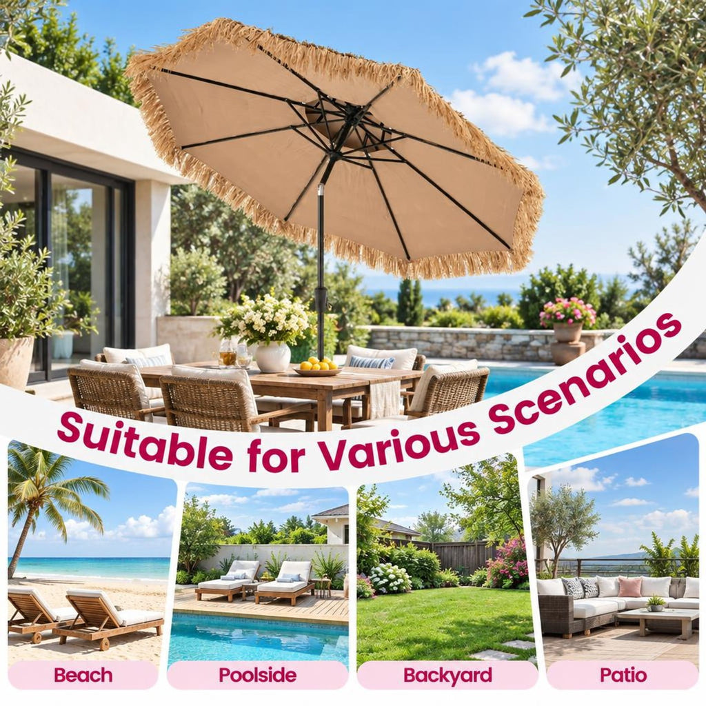 Airfind 9 Feet Thatched Tiki Umbrella with 8 Ribs, PE iron polyester fabric Frame, 9 x 9 x 8.3 (L x W x H) Tilt angle range: 0-30° Footprint