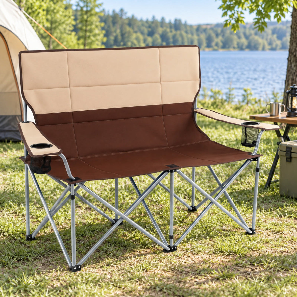 Airfind Double Camping Chair with Carry Bag Cup Holders, 660 lbs Capacity, Metal Oxford Fabric Sponge, 40 Inch x 20.5 Inch x 36.5 Inch , Brown