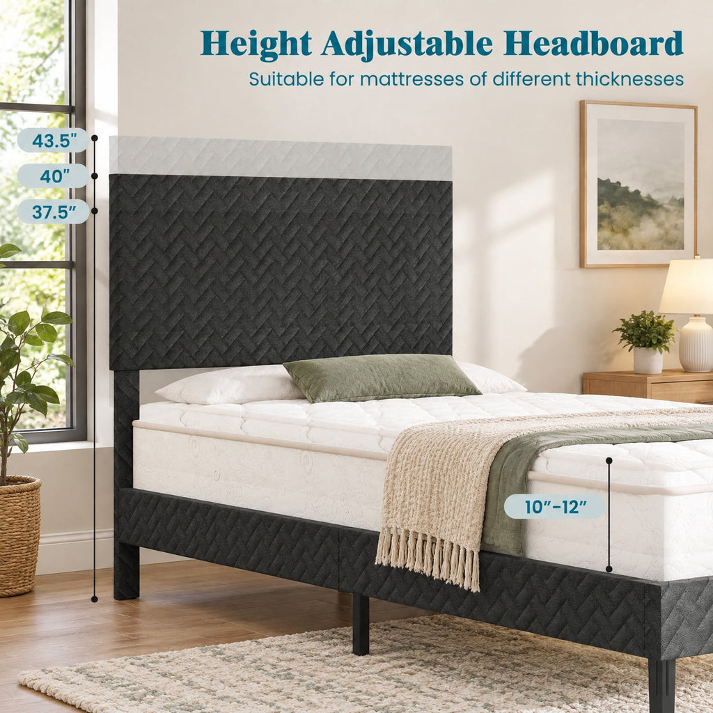 Airfind Twin/Full/Queen Size Velvet Bed Frame Upholstered Platform Bed with Chevron Headboard Gray, 500 lbs Capacity, Velvet Frame, Gray