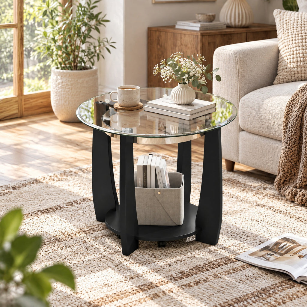 Airfind 32 Inch 2-Tier Glass Round Coffee Table with Storage Shelf, 300 lbs Capacity, Tempered Glass Rubber Wood Stainless Steel Plastic Frame, Black