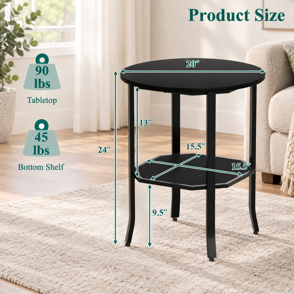 Airfind Round Side Table Small End Table with Storage Shelf 2-Tier Nightstand for Small Space, 90 lbs Capacity, Engineered Wood Carbon Steel Frame