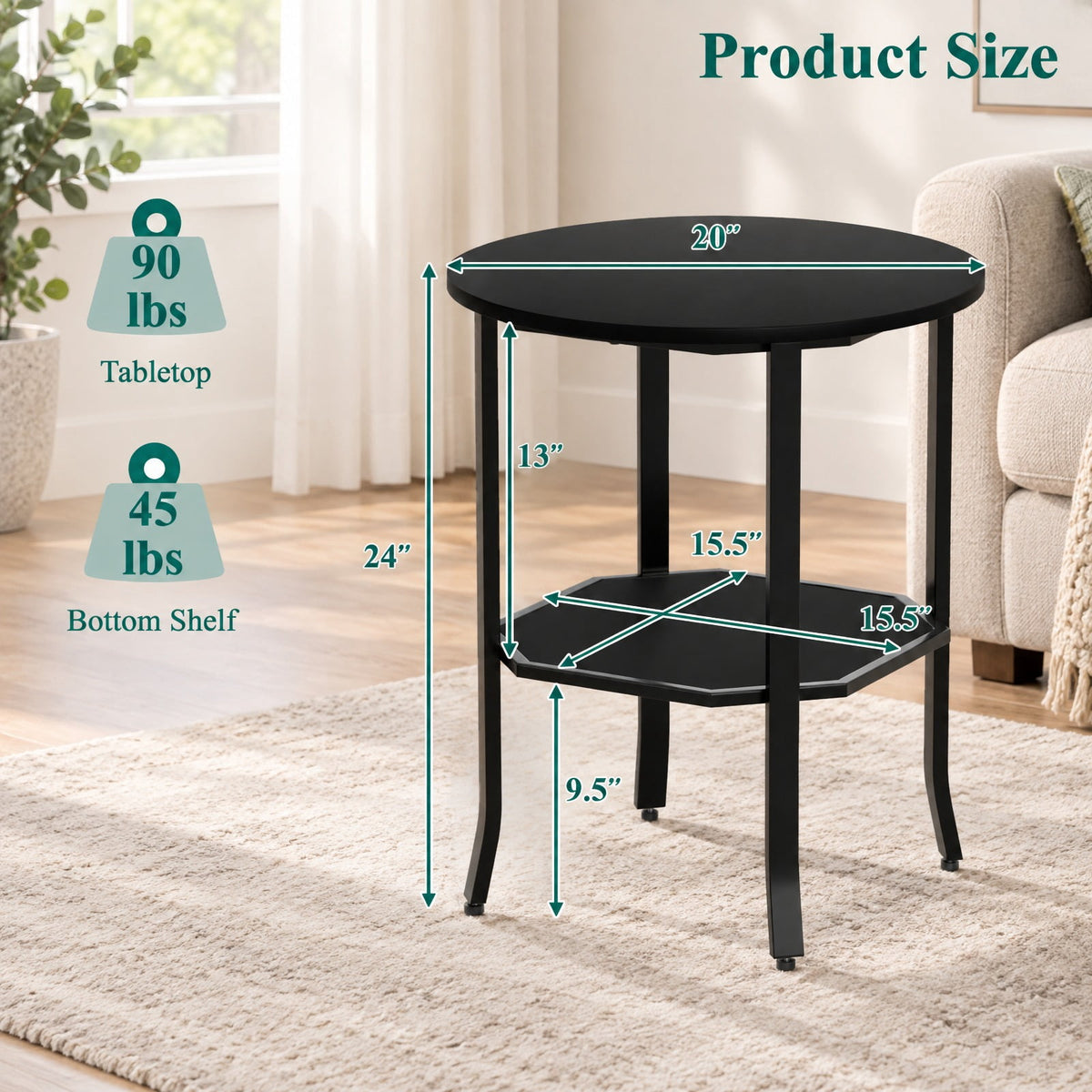 Airfind Round Side Table Small End Table with Storage Shelf 2-Tier Nightstand for Small Space, 90 lbs Capacity, Engineered Wood Carbon Steel Frame