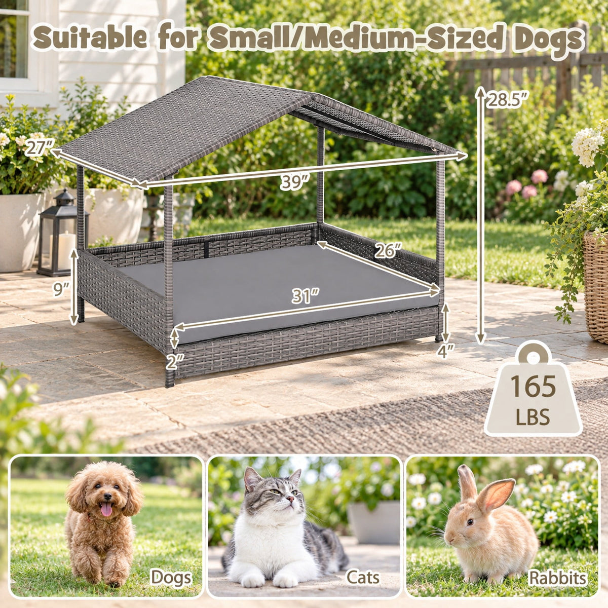 Airfind Wicker Dog House Elevated PE Rattan Dog Bed with Canopy, 165 lbs Capacity, PE Rattan Metal Polyester Fabric Sponge Frame, Gray