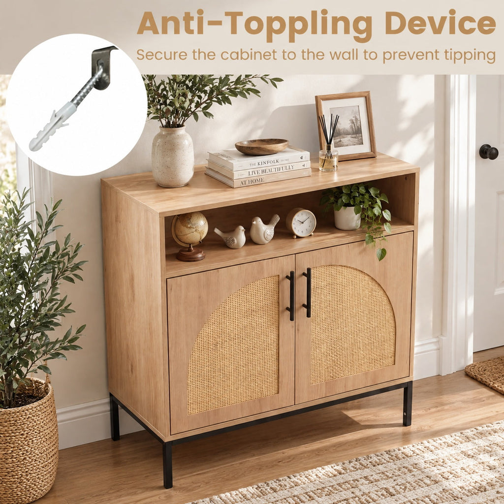 Airfind 32 Sideboard Buffet Cabinet with 2 Natural Rattan Decorated Doors and Adjustable Shelf, 145 lbs Capacity, 32 x 15 x 32.5 Footprint
