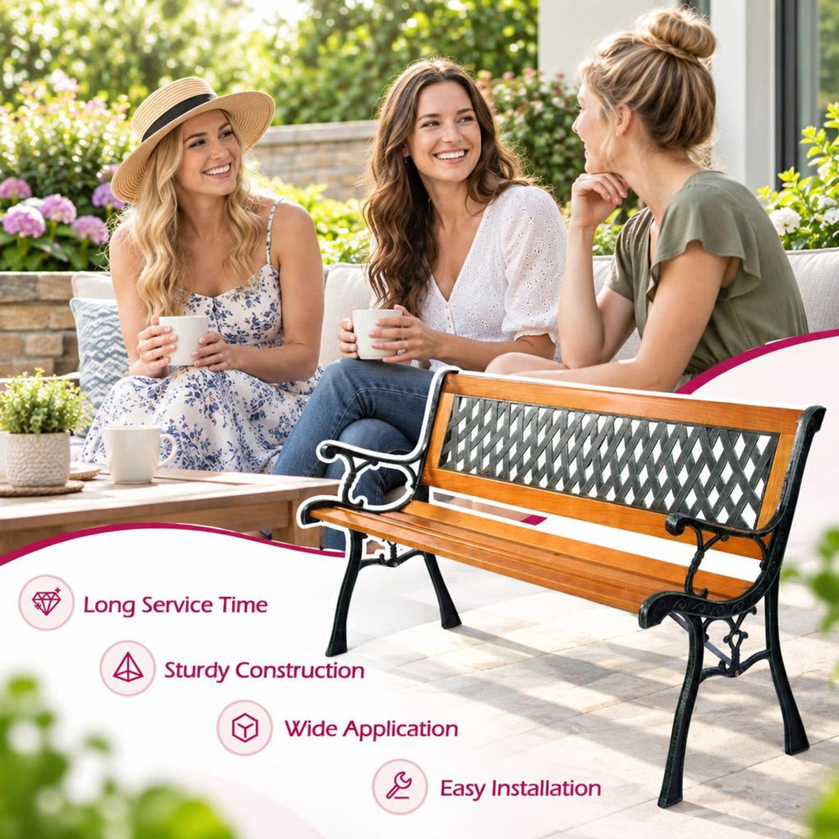 Airfind Outdoor Cast Iron Patio Bench, 463 lbs Capacity, Cast iron Frame, 49.5 x 20.5 x 29 Product weight: 30 lbs Footprint, Black + natural