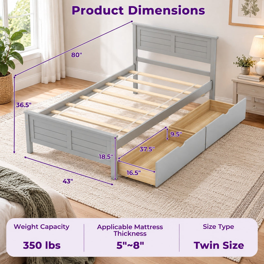 Airfind Twin Size Bed Frame with Storage Drawers, 350 lbs Capacity, Pine Wood Plywood MDF Engineered Wood Frame, Gray