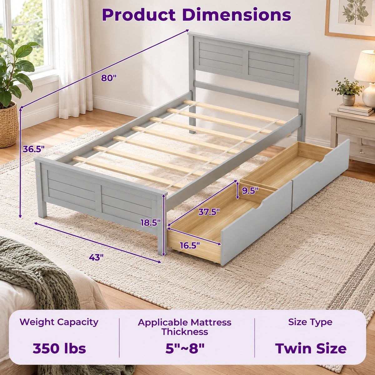 Airfind Twin Size Bed Frame with Storage Drawers, 350 lbs Capacity, Pine Wood Plywood MDF Engineered Wood Frame, Gray