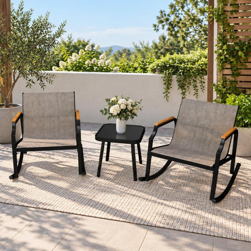 Airfind 3 Piece Patio Rocking Bistro Set with Tempered Glass Coffee Table and Armrests for Porch, Rocking Chair 330 lbs Capacity, Brown