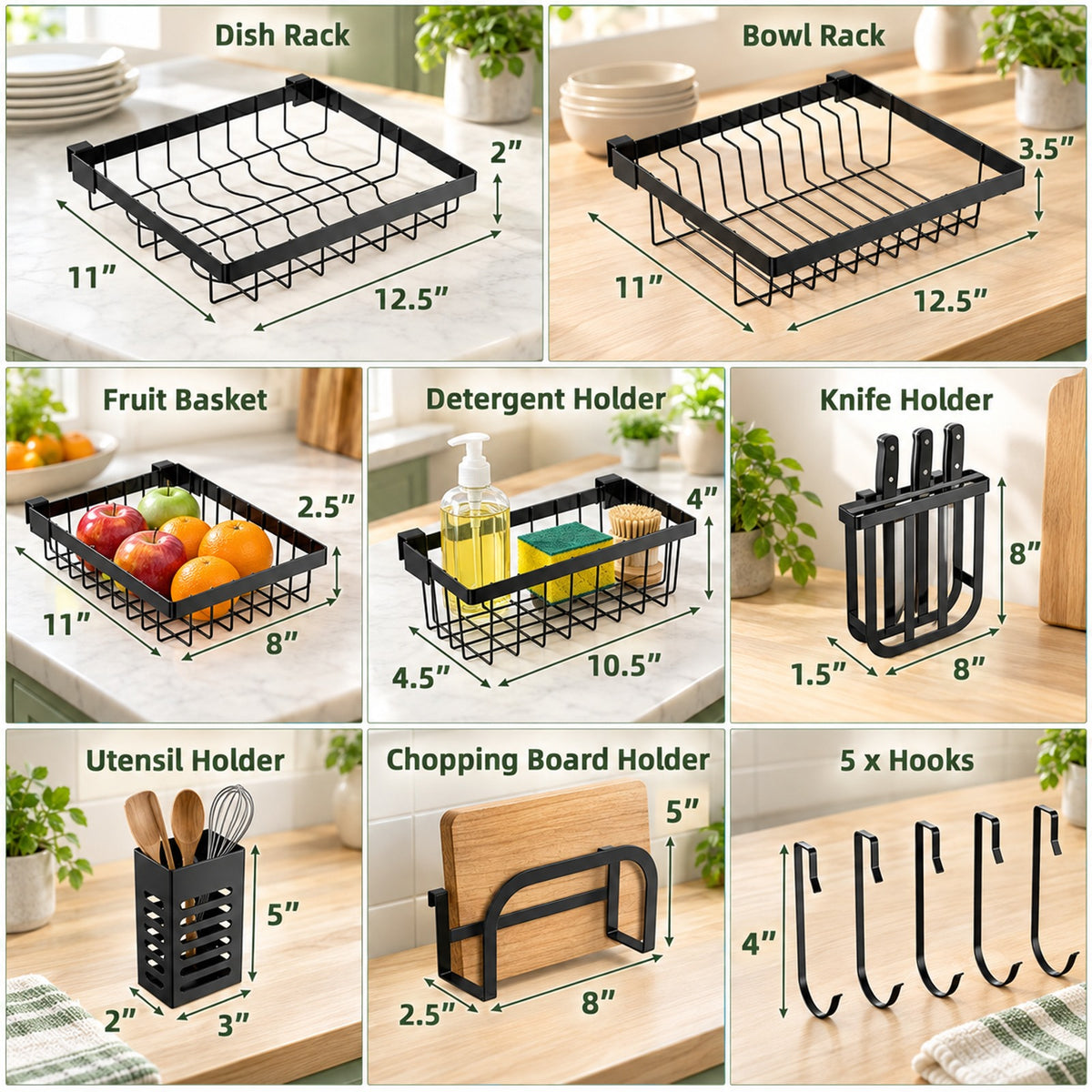Airfind 2 Tier Adjustable Over Sink Dish Drying Rack with 8 Hooks, Steel Frame, Black, Overall dimension 21-39 x 12 x 21(L x