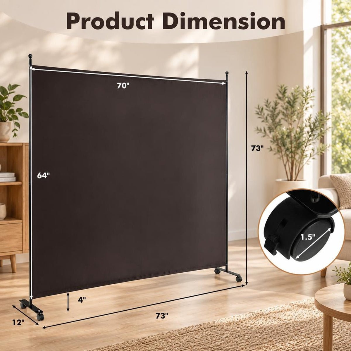 Airfind 6 Feet Single Panel Rolling Room Divider with Smooth Wheels, Metal polyester Frame, 73 x 12 x 73 Footprint, Brown
