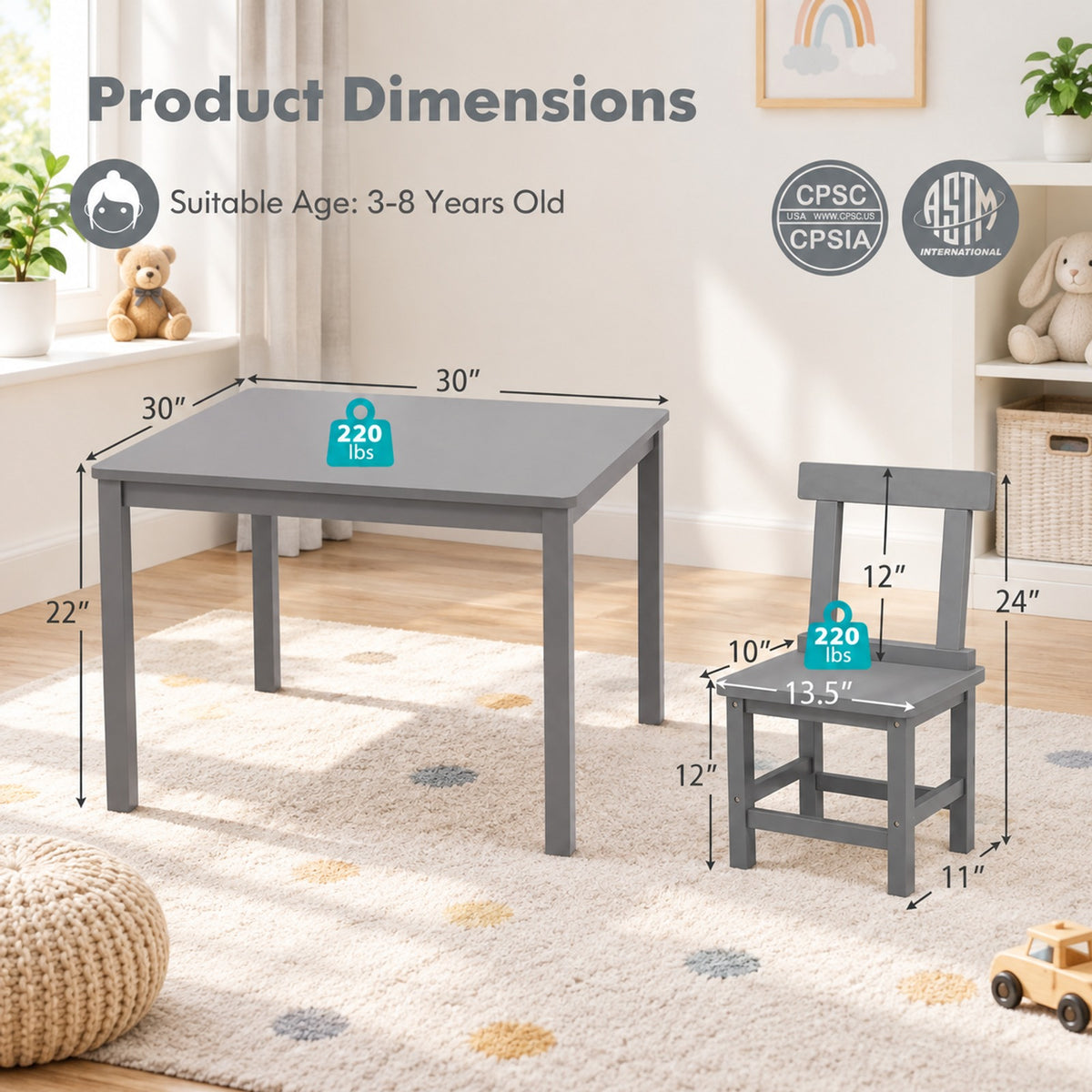 Airfind Wooden Kids Table and 2 Chairs Set with Anti-slip Foot Pads, Rubber Wood Acacia Wood MDF Frame, 30 x 30 x 22 inch Footprint, Gray