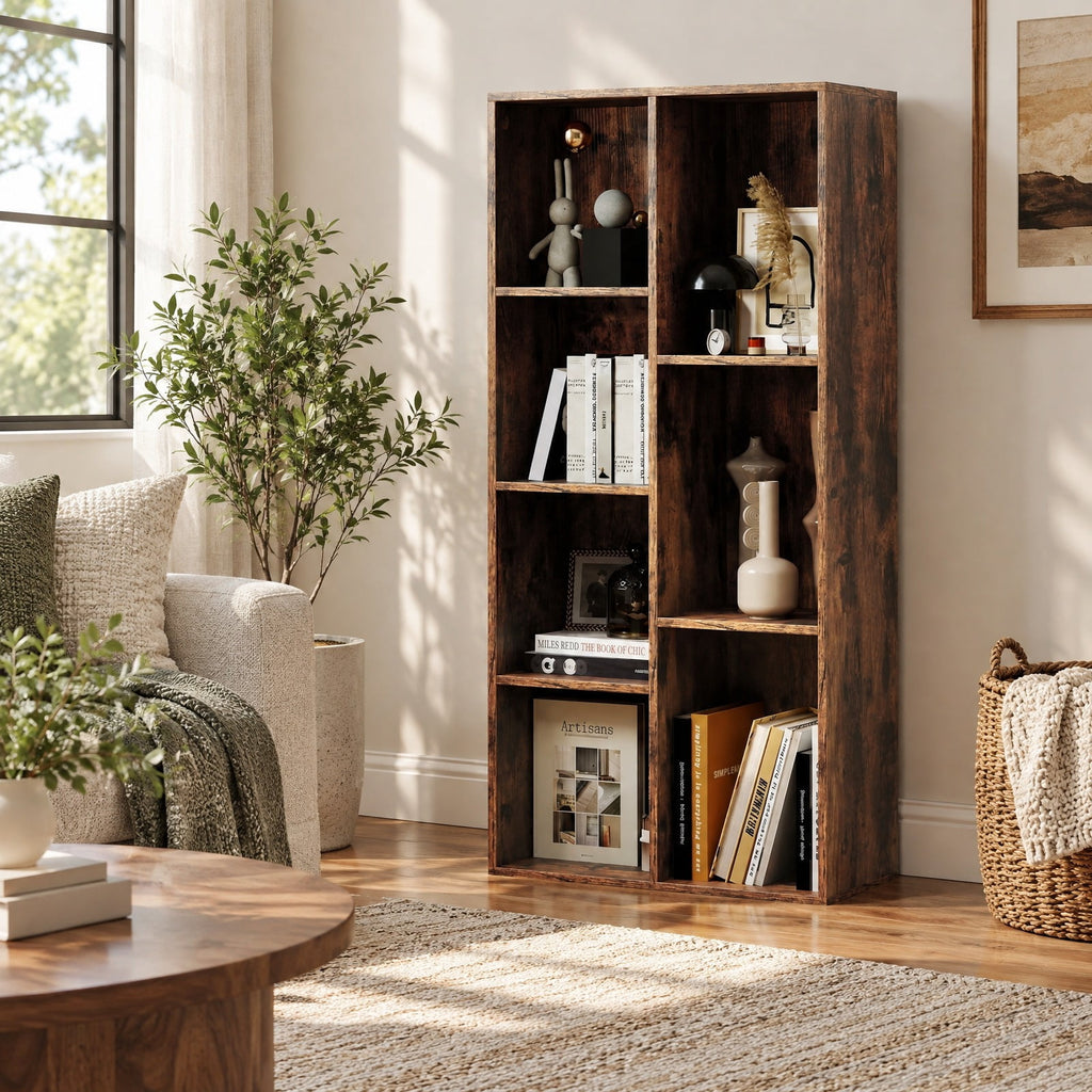 Airfind Vertical or Horizontal Freestanding Bookshelf with 7 Compartments, 176 lbs Capacity, Engineered Wood MDF Frame, 19.5 x 9 x 42 Footprint