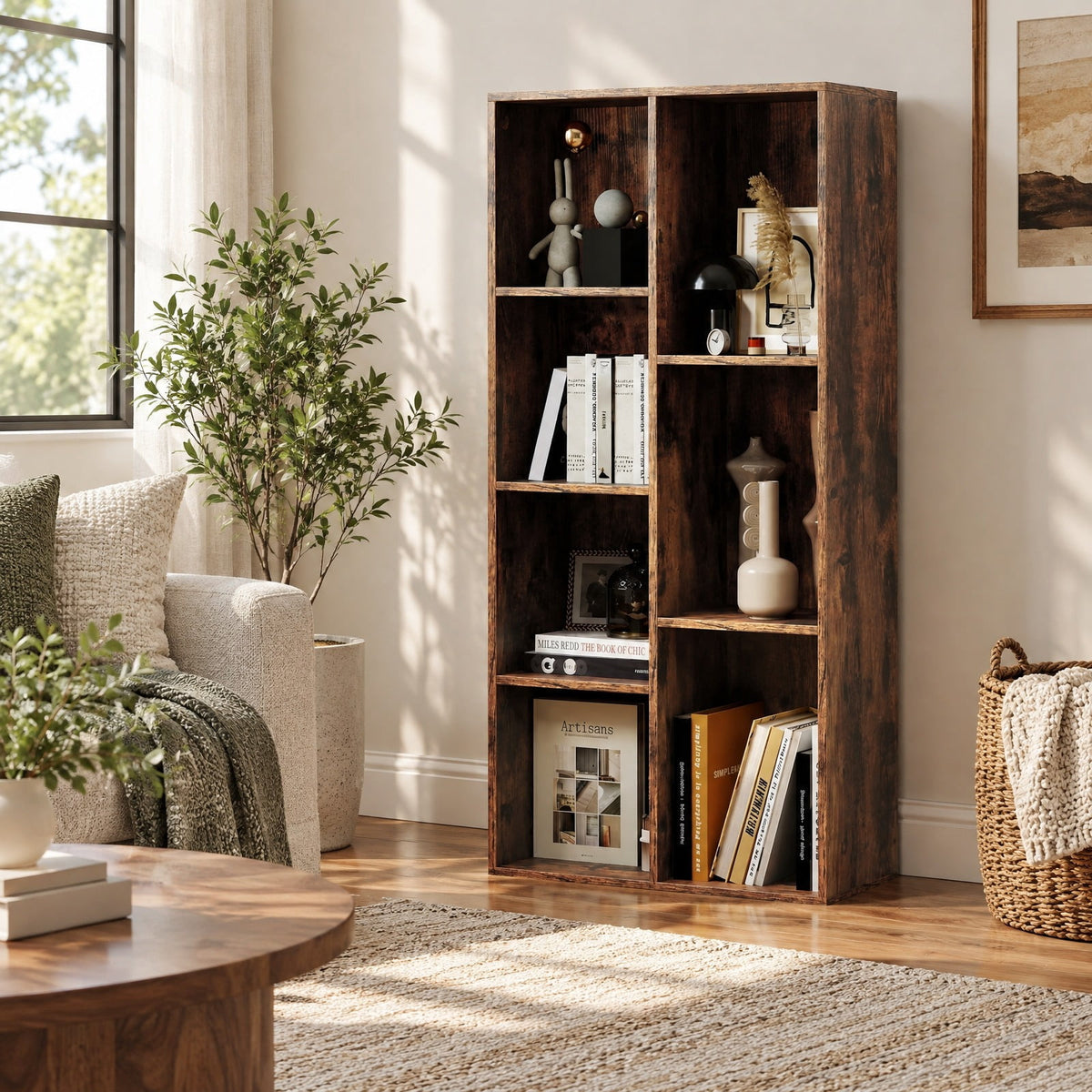 Airfind Vertical or Horizontal Freestanding Bookshelf with 7 Compartments, 176 lbs Capacity, Engineered Wood MDF Frame, 19.5 x 9 x 42 Footprint