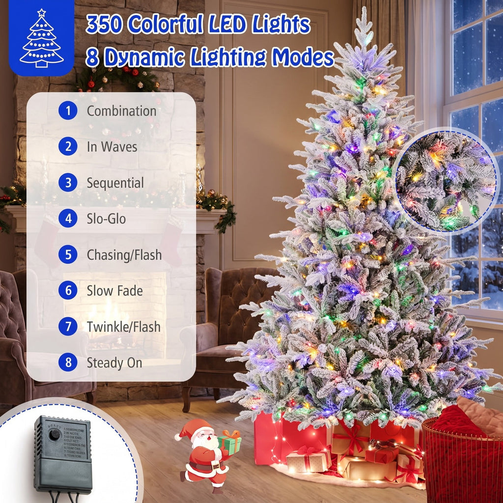 Airfind 7 Feet Flocked Christmas Tree with 8 Lighting Modes and Multi-Color LED Lights-7 ft, Green and White