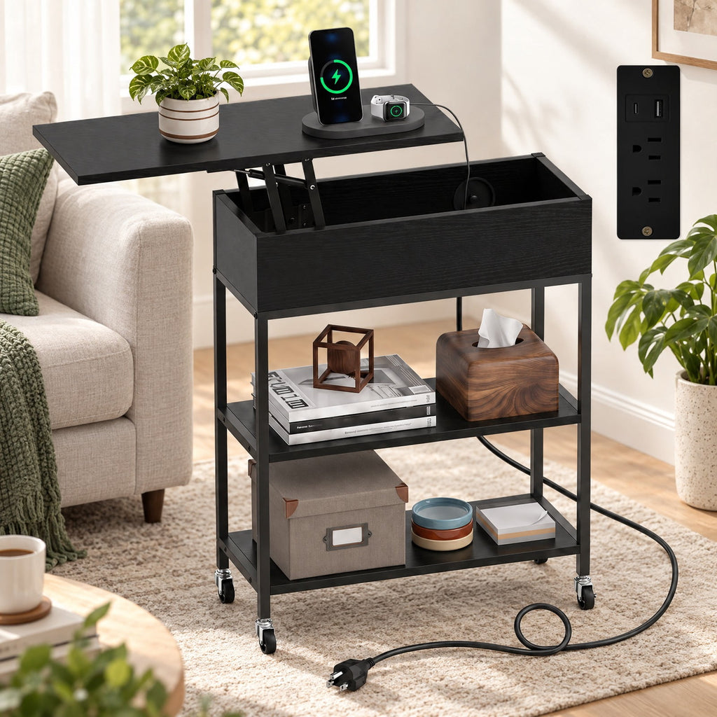 Airfind Lift Top End Table with Charging Station and Universal Wheels, 121 lbs Capacity, Engineered Wood Metal Frame, 24 x 9.5 x 25.5 Footprint