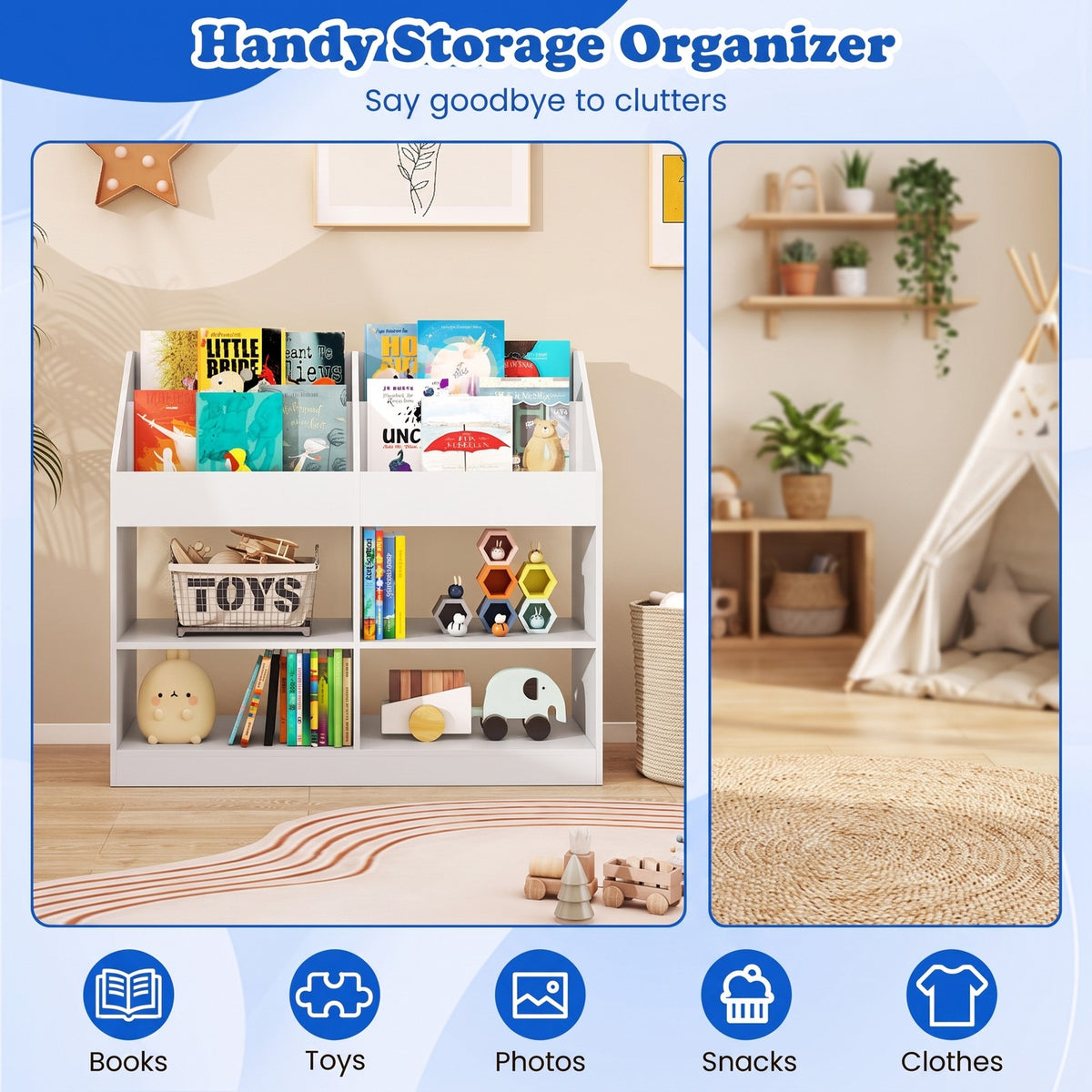Airfind 3-Tier Kids Bookshelf Toy Storage Organizer with Display Rack and 4 Compartments, 11 lbs Capacity, Engineered Wood Frame, White