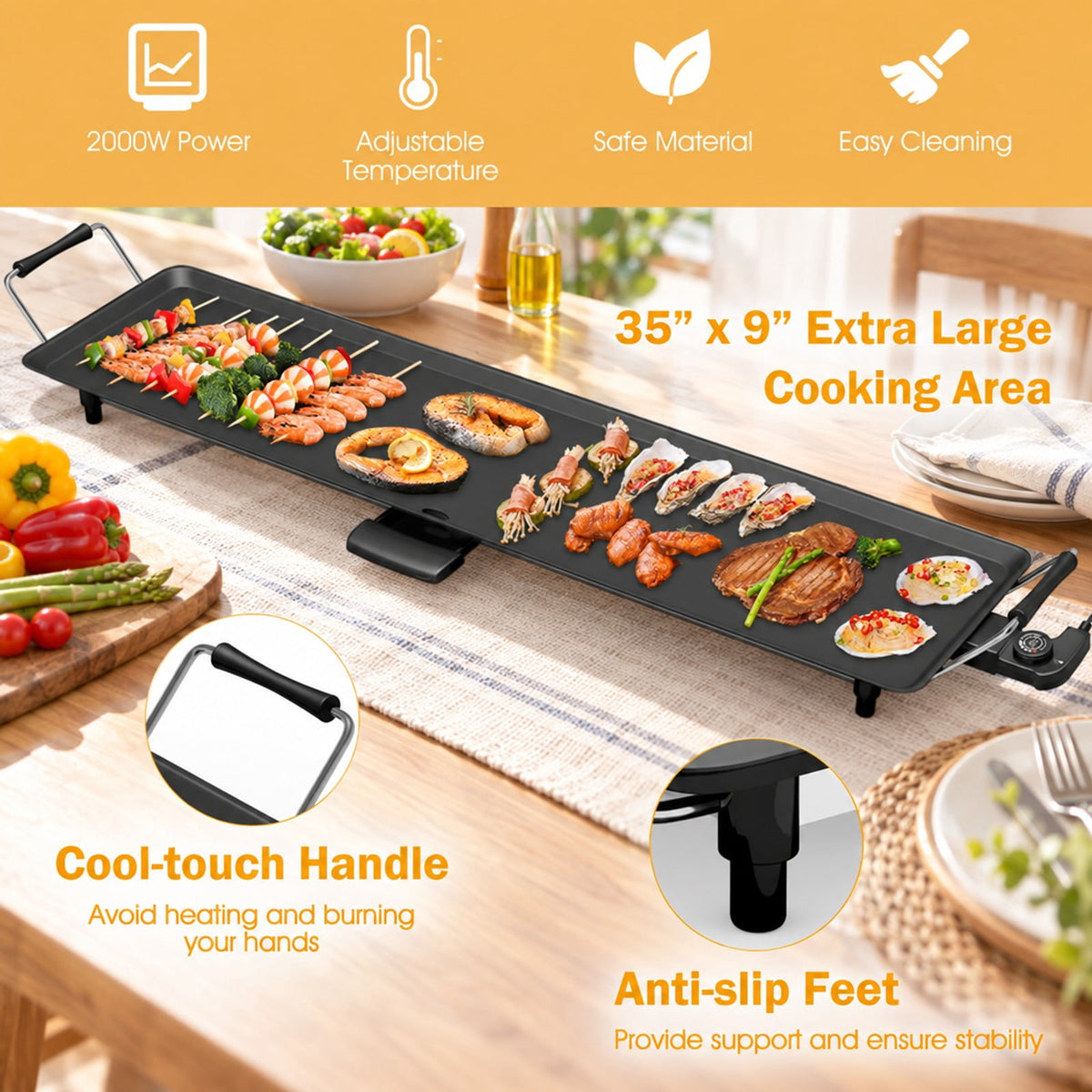 Airfind 35 Inch Costway Electric Griddle Teppanyaki Grill with Adjustable Temperature, Aluminum Voltage and Frame, Black