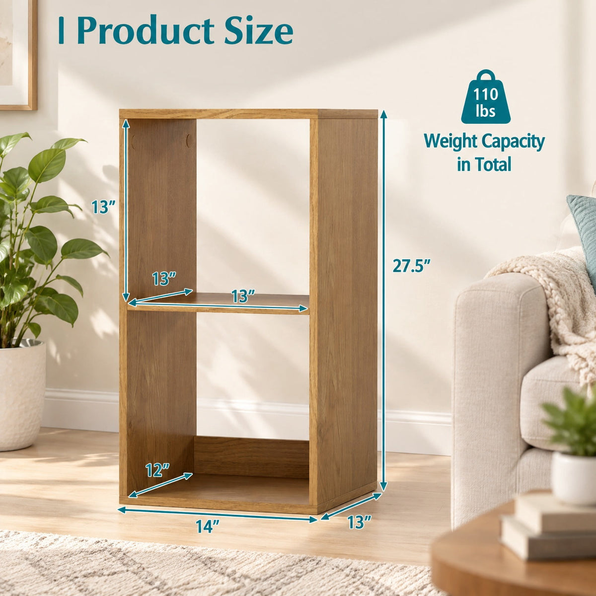 Airfind 2 Cube Bookshelf with Back Guardrail for Living Room Bedroom, Engineered Wood Frame, 14 Inch x 13 Inch x 27.5 Inch Depth of Bottom Shelf 12 Inch Footprint