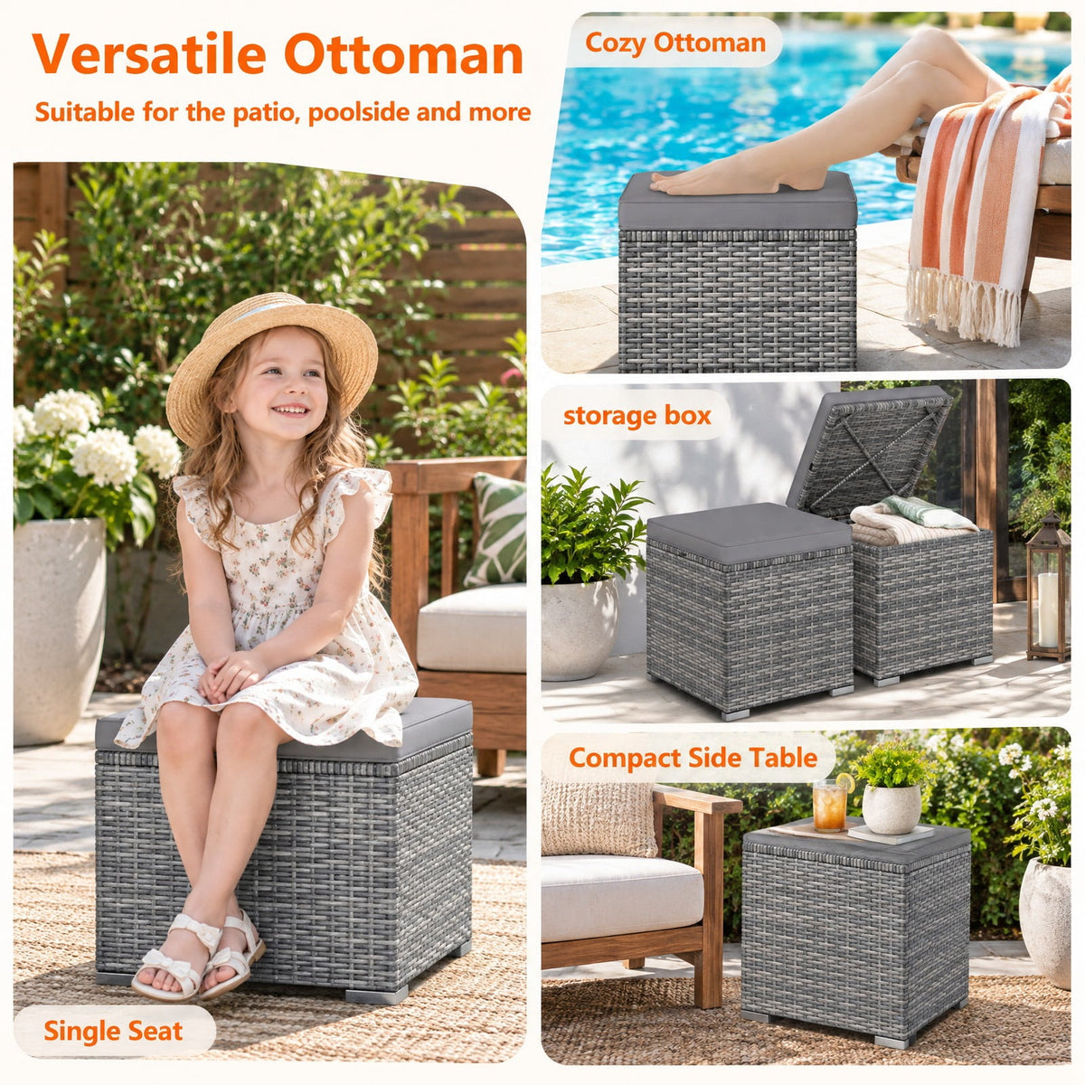 Airfind 2 Pieces Patio Ottoman with Hidden Storage Space-Mix Grey, 350 lbs Capacity, Metal PE Rattan Sponge Polyester Frame, Grey