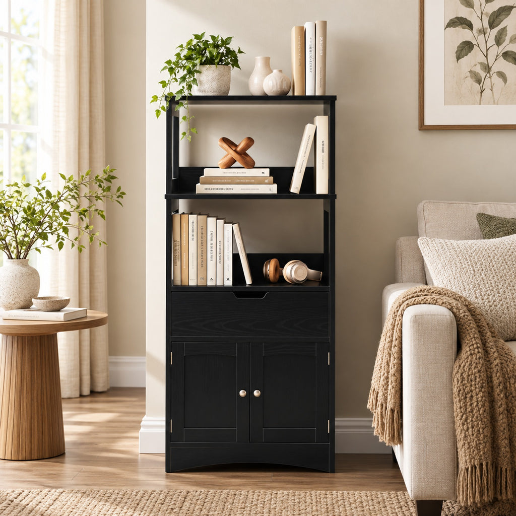 Airfind Bathroom Storage Cabinet with Open Shelves and Drawer, 110 lbs Capacity, Engineered Wood Frame, 24in x 13in x 48in Footprint, Black