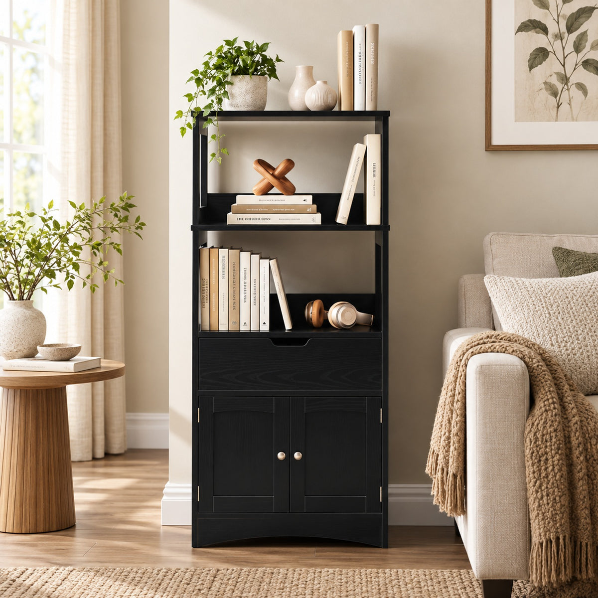 Airfind Bathroom Storage Cabinet with Open Shelves and Drawer, 110 lbs Capacity, Engineered Wood Frame, 24in x 13in x 48in Footprint, Black