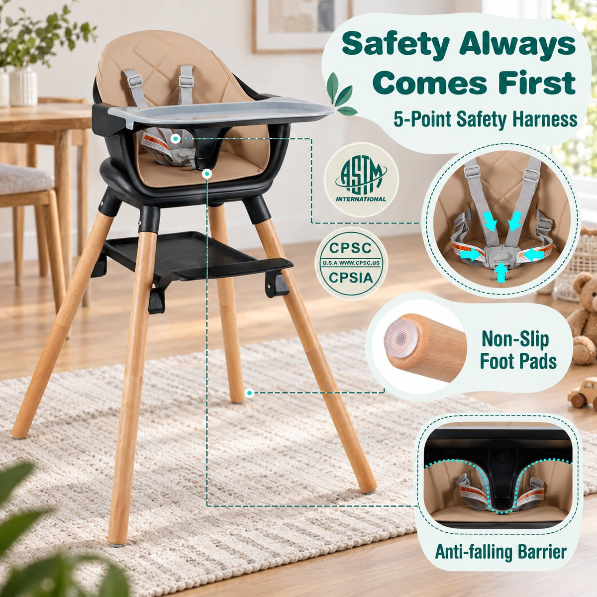 Airfind 6 in 1 Convertible Highchair with Safety Harness and Removable Tray, PP PU Beech Frame, 24.5 x 23 x 35.5 Footprint, Coffee