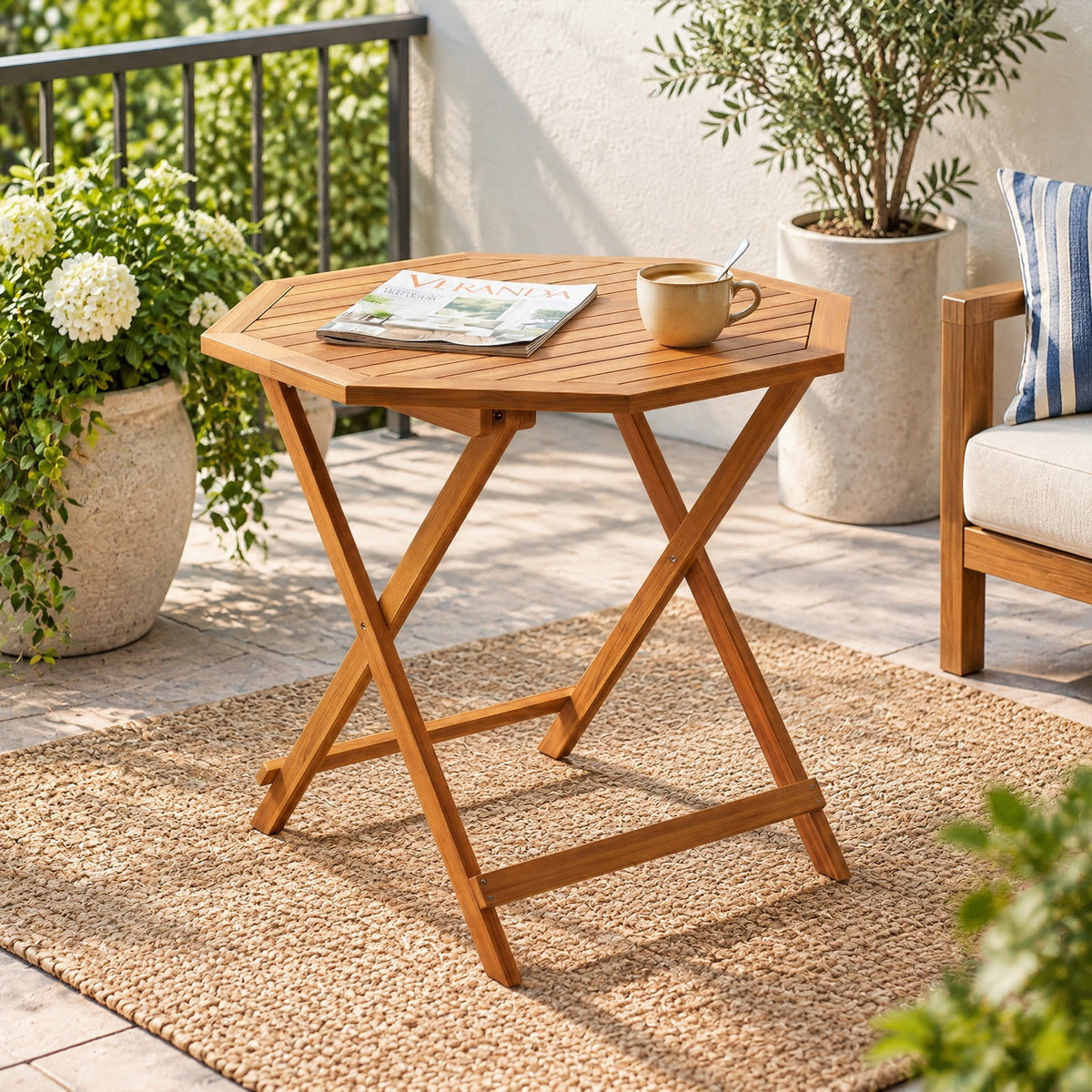 Airfind Acacia Wood Outdoor Folding Dining Table for 4 Octagonal with Slatted Tabletop, 37.5 Inch x 37.5 Inch x 29.5 Inch Folding Footprint, Wood