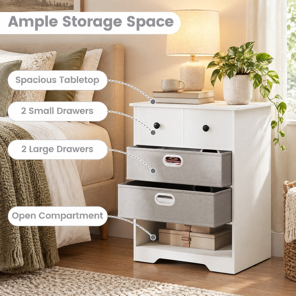 Airfind 4-Drawer Dresser Modern Chest Storage Organizer with Open Shelves, 100 lbs Capacity, Engineered Wood MDF Fabric Frame, White
