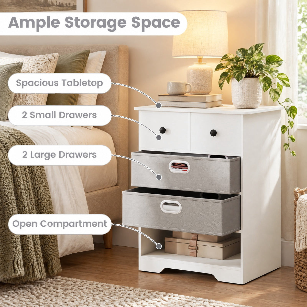 Airfind 4-Drawer Dresser Modern Chest Storage Organizer with Open Shelves, 100 lbs Capacity, Engineered Wood MDF Fabric Frame, White