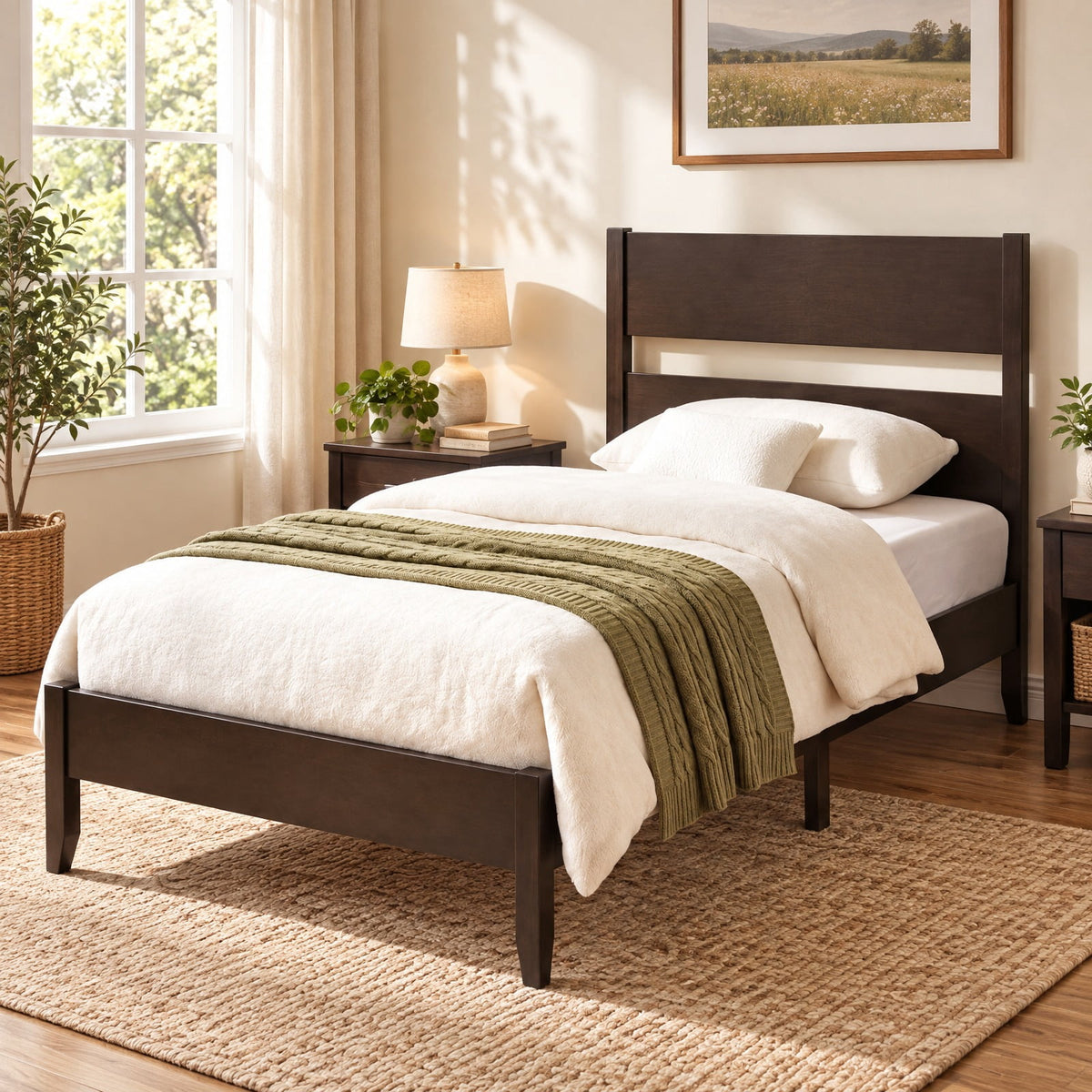Airfind Twin Bed Frame with Headboard with Solid Wood Legs 12 Slats-Rustic Brown, 550 lbs Capacity, Rubber Wood Engineered Wood LVL Frame, Wood