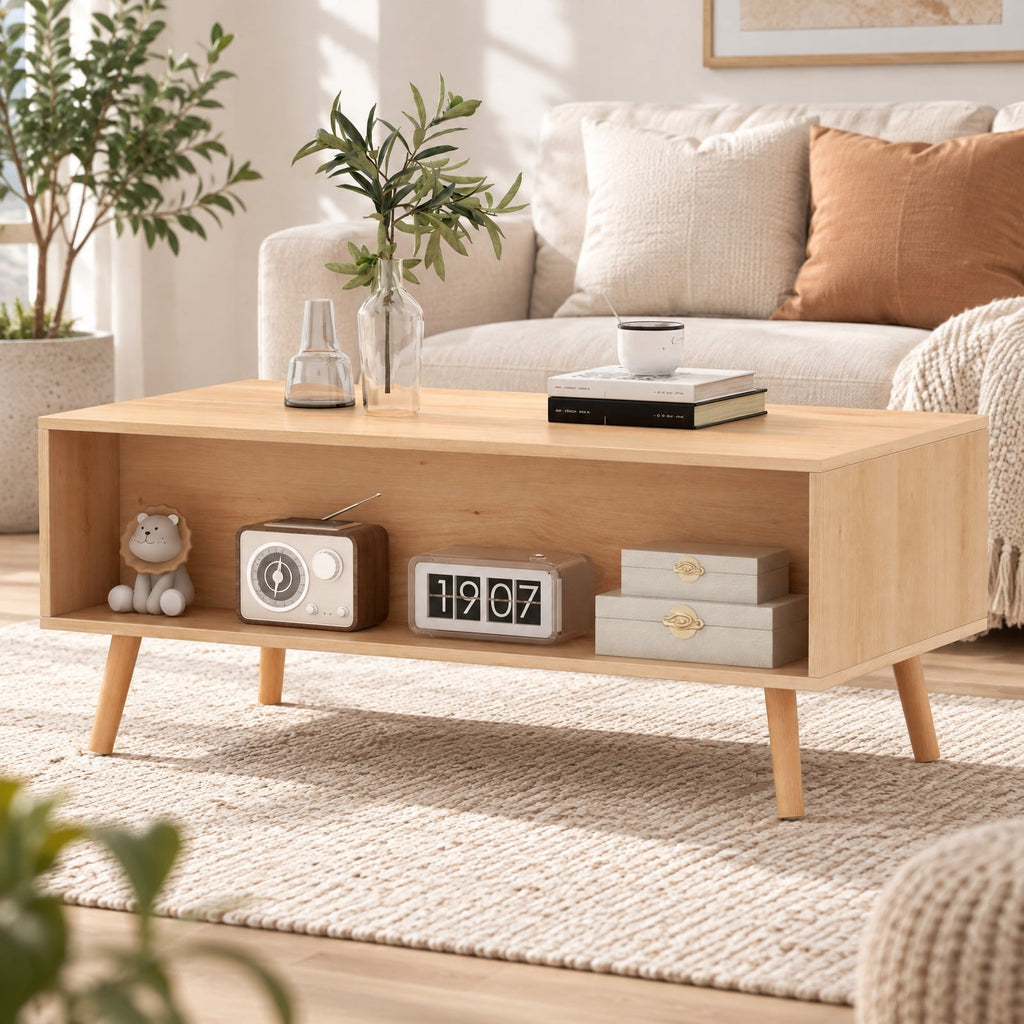 Airfind Rattan Coffee Table Mid Century Modern Center Table with 2 Storage Drawers, 132 lbs Capacity, Natural
