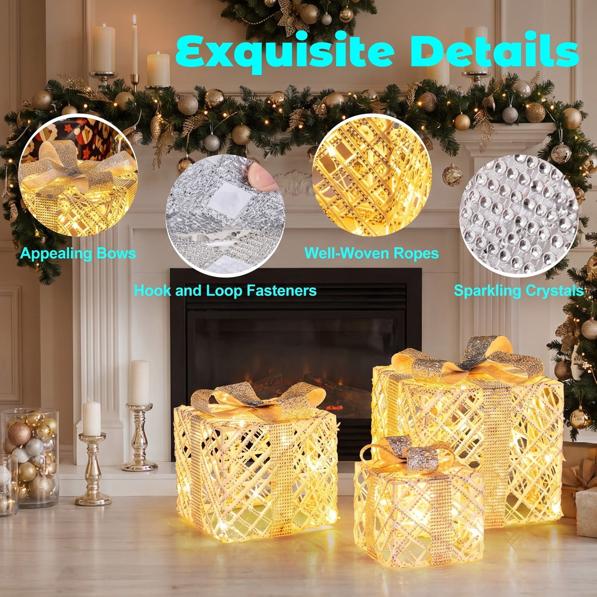 Airfind 3 Pack Christmas Lighted Gift Box with 50 LED Lights and Detachable Bows, PVC Metal Frame, 10in x 10in x 9in Footprint, White