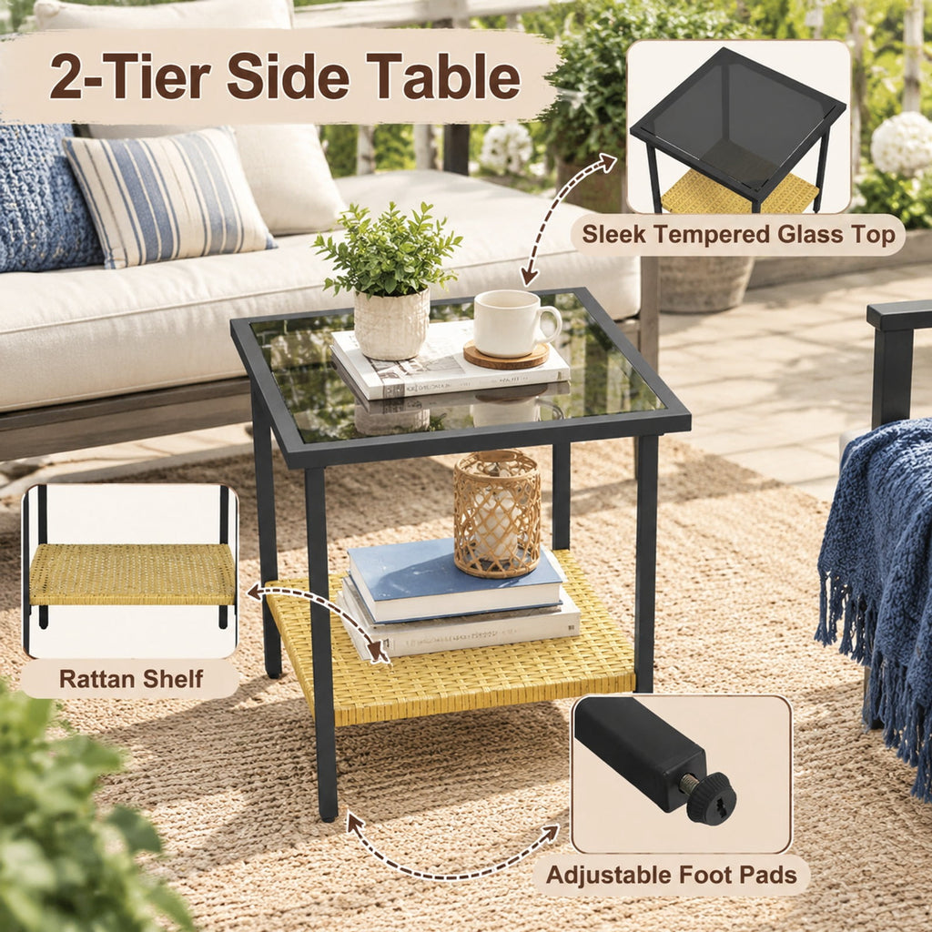 Airfind 3 Pieces Outdoor Rattan Rocking Chairs Set with 2-Tier Side Table for Garden Backyard, Table 100 lbs Capacity, 18 x 18 x 18.5 Footprint