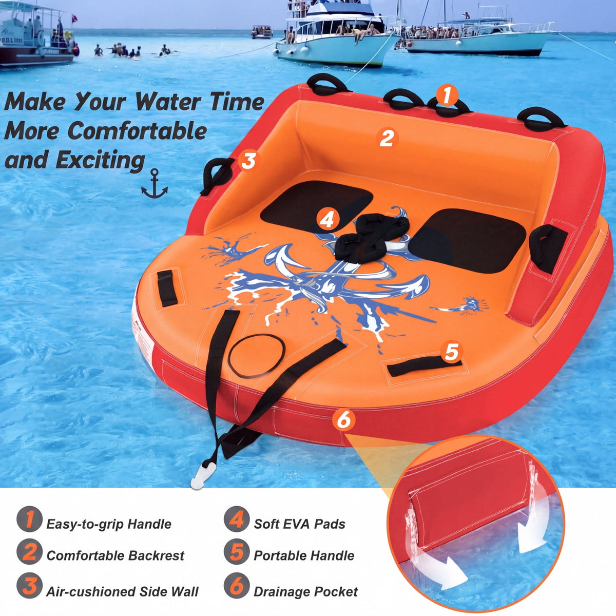 Airfind 2 Person Water Sport Inflatable Towable Tube for Boating with High Backrest and Padded Handles for Lake River and Sea Riding, Orange