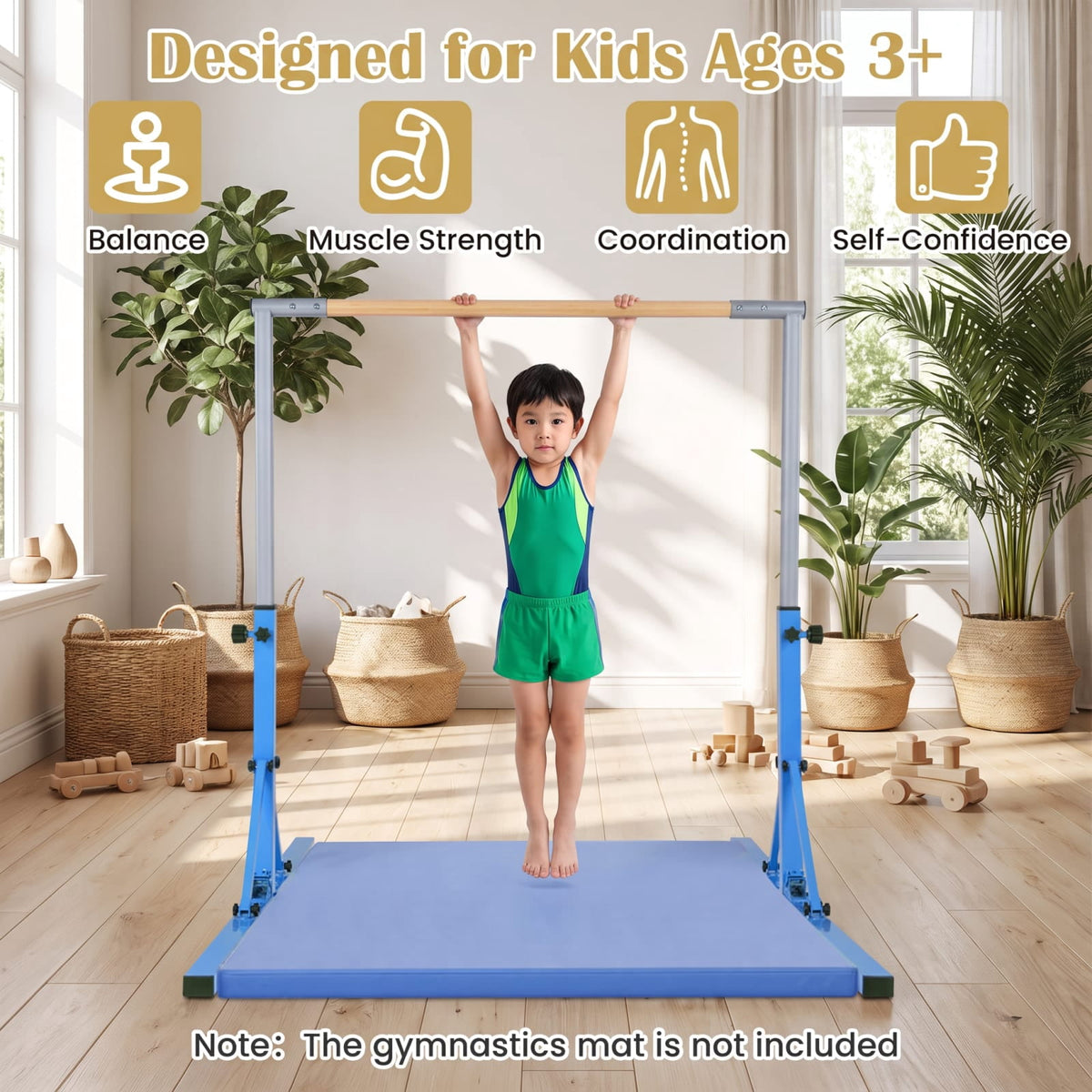 Airfind Foldable Gymnastics Bar for Kids with 3 Level Adjustable Height and Bamboo Grip Bar for Home Balance and Coordination Training, Blue