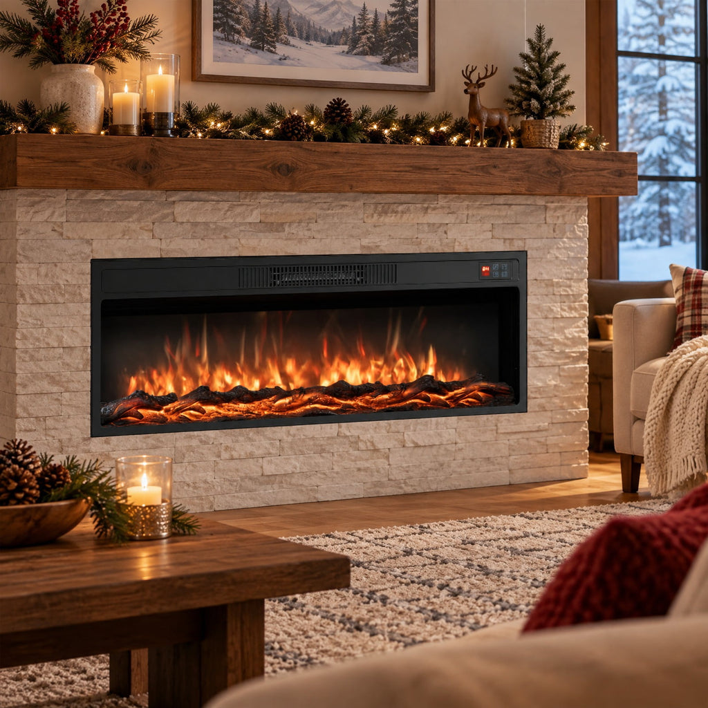 Airfind 36 Inch Recessed Electric Fireplace Heater with Adjustable Flame Colors and Brightness, Metal Tempered Glass 36 inch Frame, Black