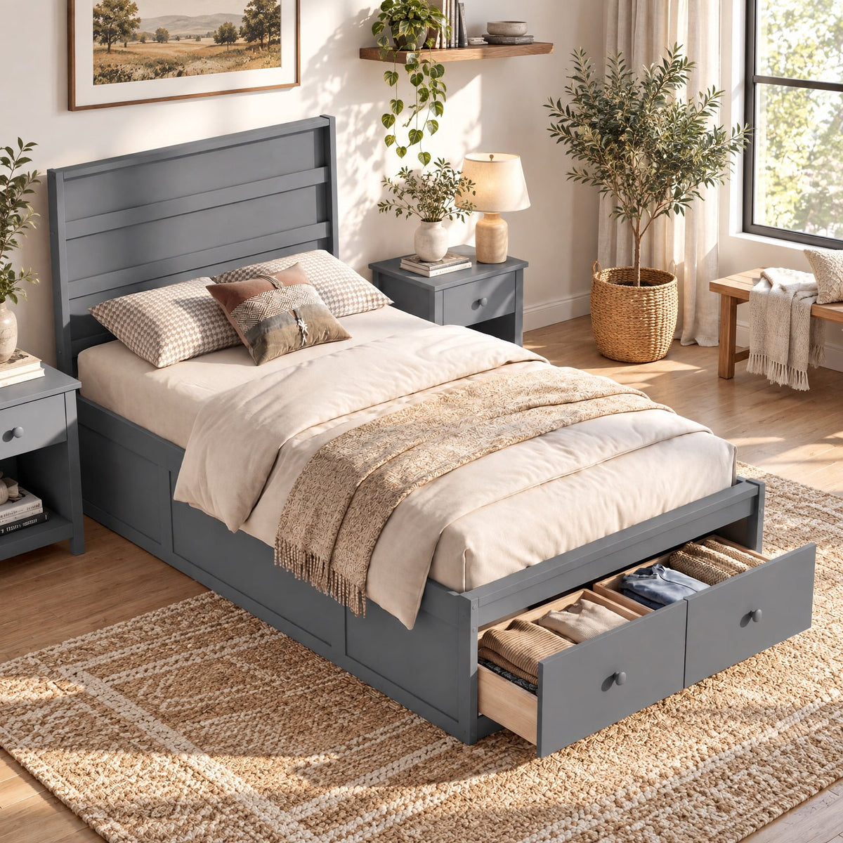 Airfind Twin Size Bed Frame with Storage Drawers and Headboard, 350 lbs Capacity, Solid Wood Plywood Engineered Wood MDF Frame, Gray