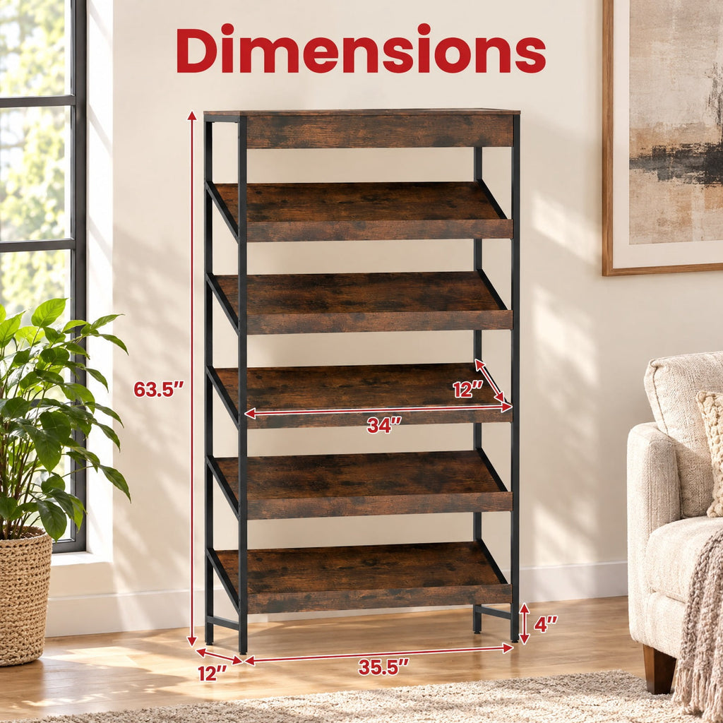 Airfind 6-Tier Tall Freestanding Bookshelf with Angled Shelves for Home Office, 230 lbs Capacity, Engineered Wood Frame, Brown