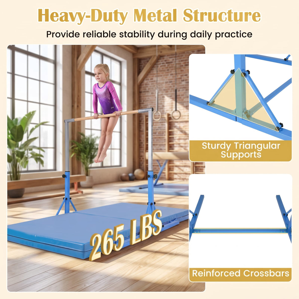 Airfind Foldable Gymnastics Bar for Kids with 3 Level Adjustable Height and Bamboo Grip Bar for Home Balance and Coordination Training, Blue