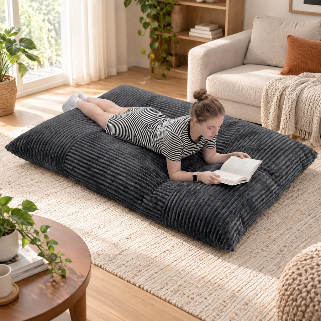 Airfind Convertible Bean Bag Floor Sofa with Machine-washable Corduroy Cover, Corduroy Fabric Sponge Frame, 76.5 x 55 x 7.5 Footprint, Dark Gray