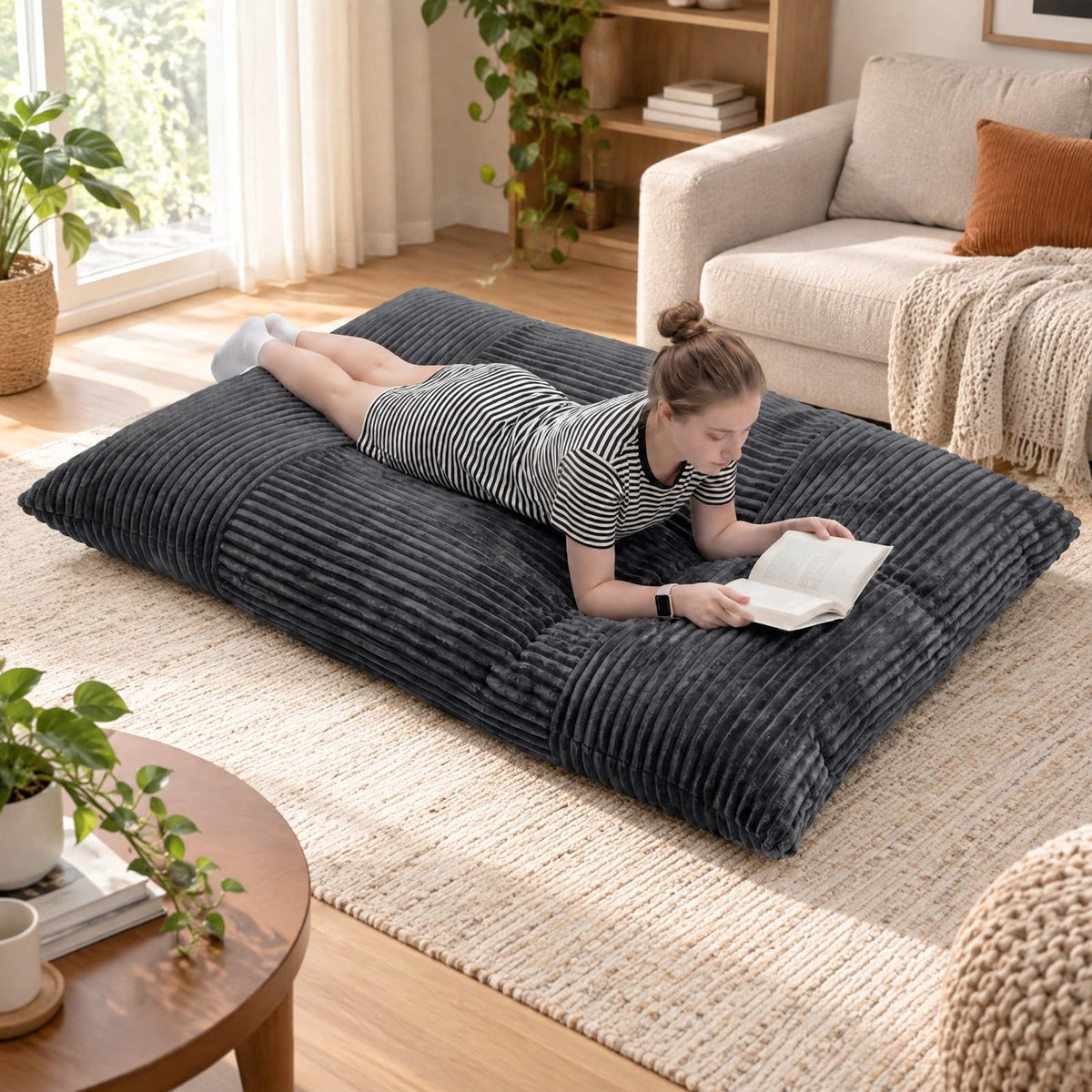 Airfind Convertible Bean Bag Floor Sofa with Machine-washable Corduroy Cover, Corduroy Fabric Sponge Frame, 76.5 x 55 x 7.5 Footprint, Dark Gray