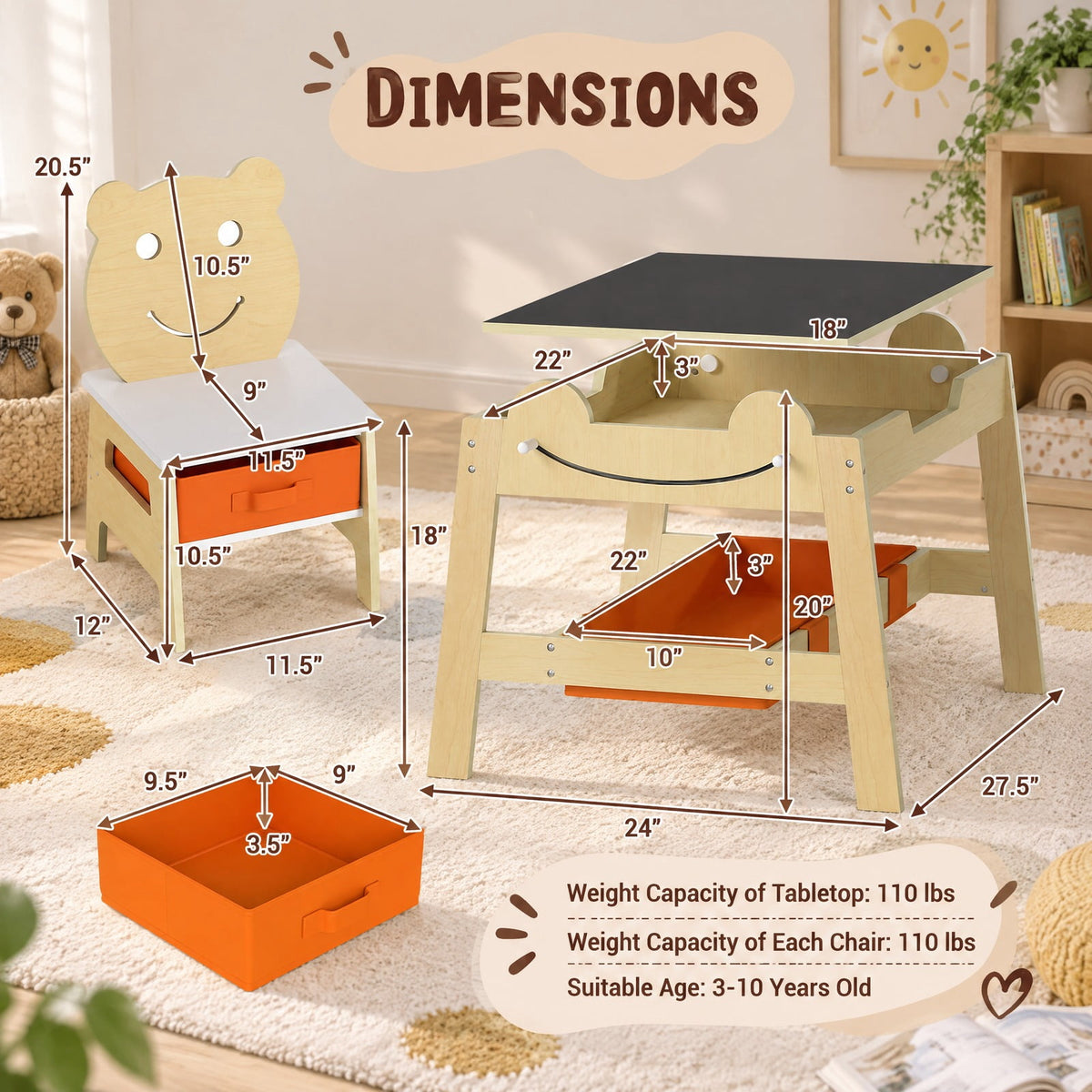 Airfind 5-in-1 Toddler Table and 2 Chairs Cute Art Desk Set with Reversible Chalkboard Whiteboard, 110 lbs Capacity, MDF Non-woven Fabric Frame