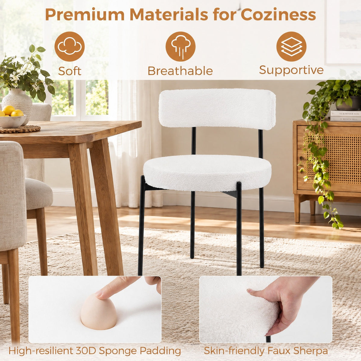 Airfind Boucle Dining Chair with Curved Backrest and Metal Legs Set of 2, Faux Sherpa Metal Sponge Frame, 20.5 x 20.5 x 31 Footprint, White