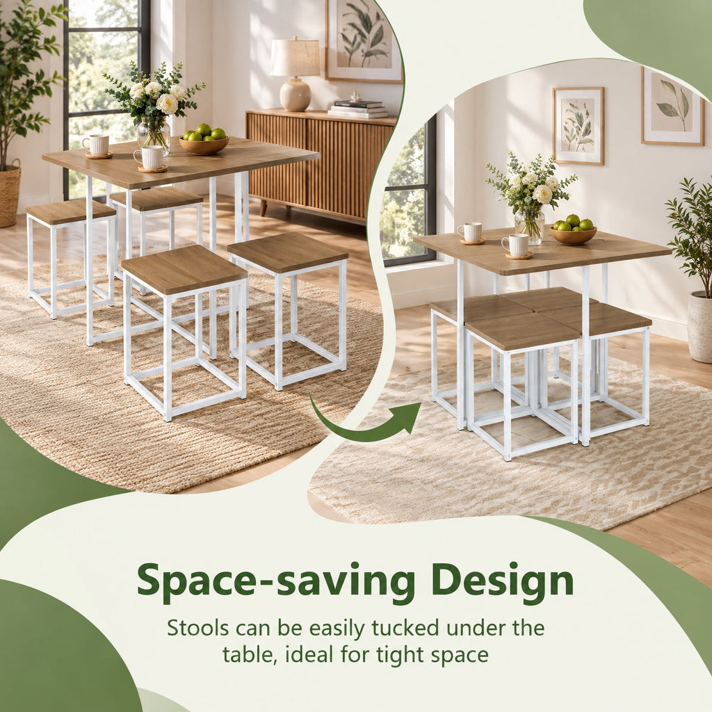 Airfind 5 Pieces Metal Frame Dining Set with Compact Dining Table and 4 Stools, Steel MDF Frame, 31in x 31in x 30in Footprint, Natural