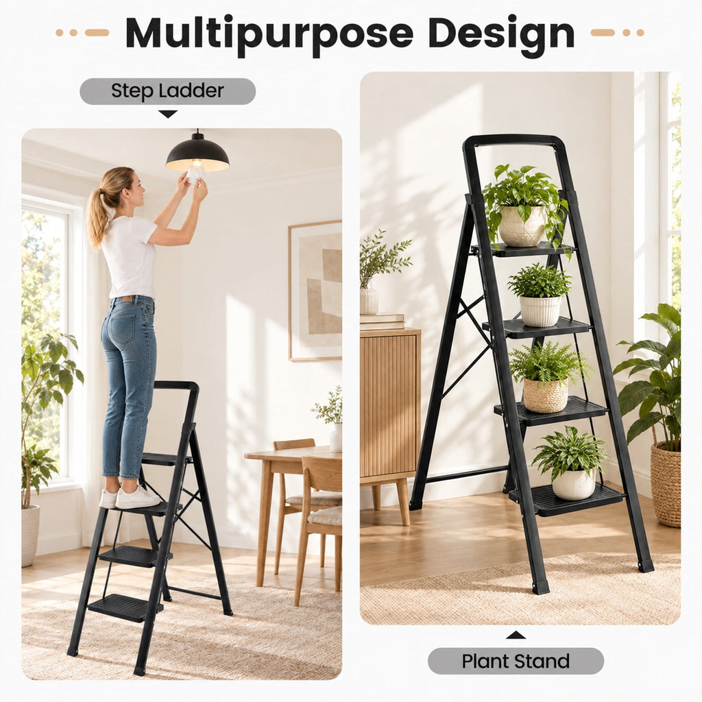 Airfind 4 Step Black Folding Step Stool with Wide Anti, 330 lbs Capacity, Metal PE Frame, Black, Overall Dimensions 2-Step 16.5 x 20 x