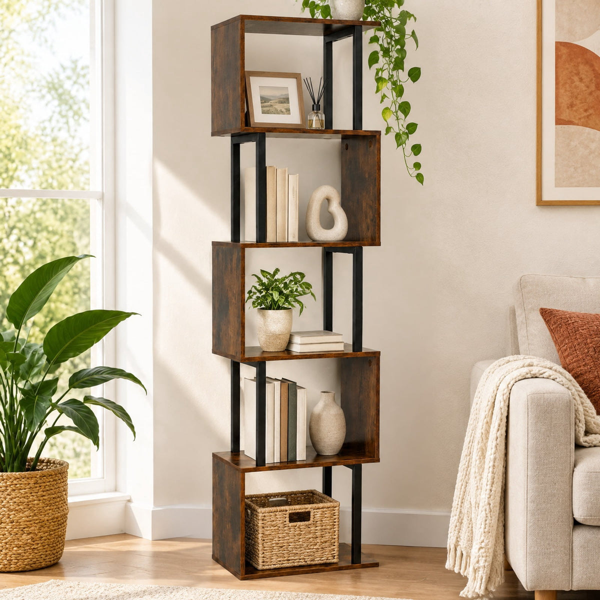 Airfind 5-Tier S-Shaped Bookshelf w/ Open Cubes Anti-toppling Kits for Living Room, 22 lbs Capacity, Engineered Wood Frame, Brown