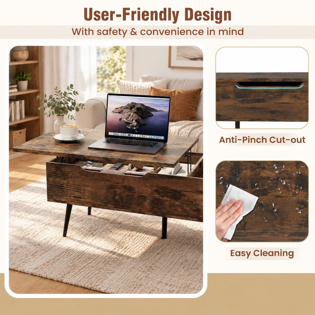 Airfind 47 Inch Lift Top Coffee Table with 2 Hidden Compartments, P2 Engineered Wood Solid Wood Steel Frame, Coffee