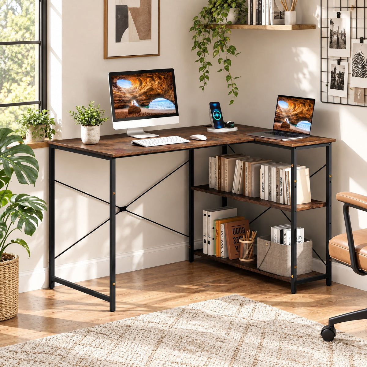 Airfind L-shaped 47 Inch Reversible Corner Desk with Adjustable Storage Shelves, 240 lbs Capacity, Engineered Wood Metal Frame, Brown