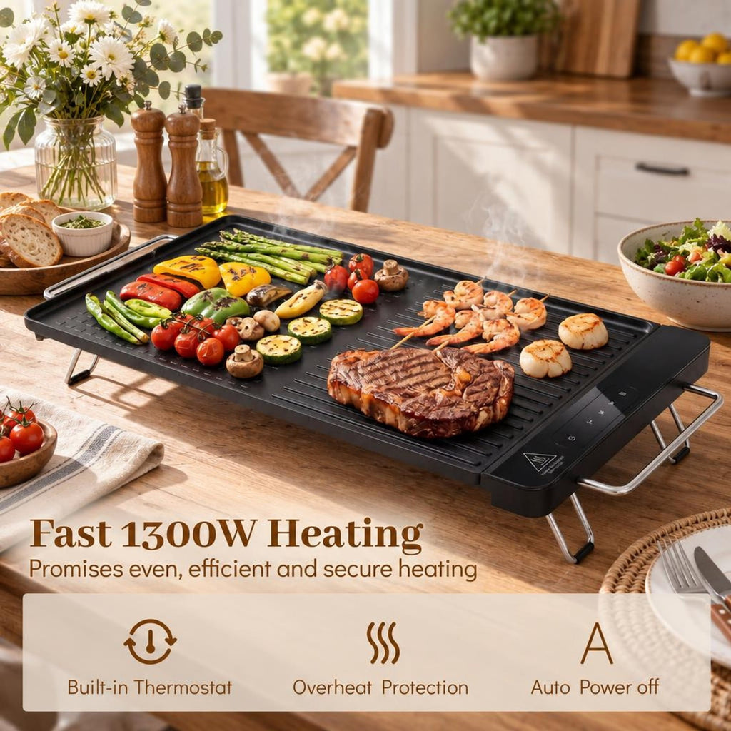Airfind 1300W Indoor Electric Grill featuring Removable Touch Panel, Die Cast Aluminum Stainless Steel Frame, 23.5 Inch x 11.02 Inch x 2.95 Inch Footprint, Black