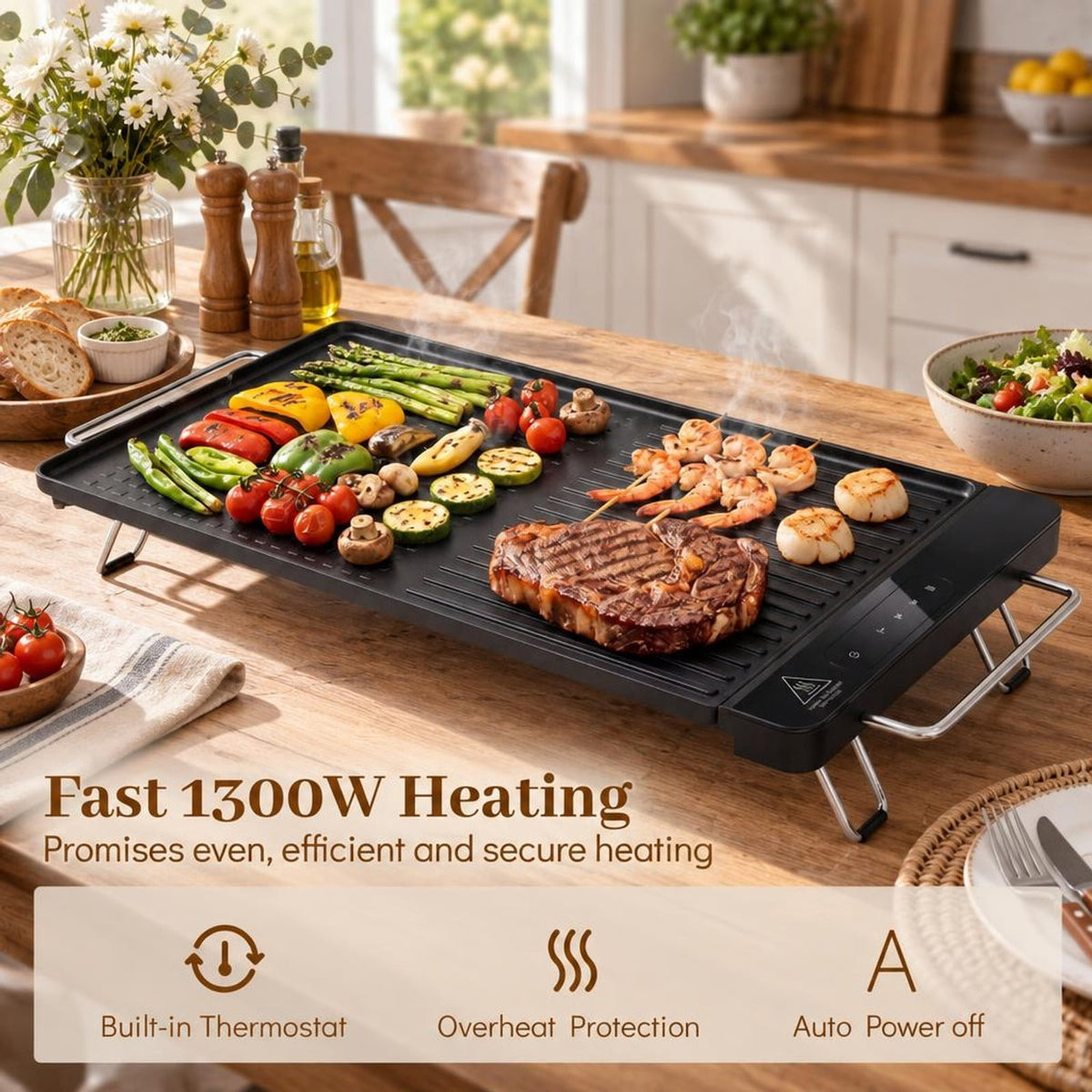 Airfind 1300W Indoor Electric Grill featuring Removable Touch Panel, Die Cast Aluminum Stainless Steel Frame, 23.5 Inch x 11.02 Inch x 2.95 Inch Footprint, Black